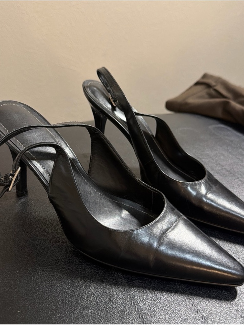 Black Leather Pointed Slingback Heels